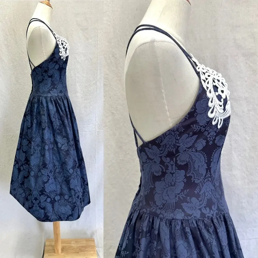 Gunne Sax vintage 80s navy brocade tea length‎ formal/party dress size 7/8 - Picture 4 of 16